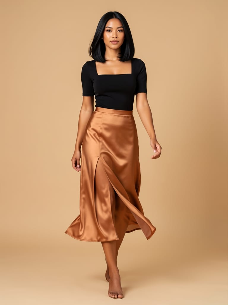 Satin midi skirt with slit — 3
