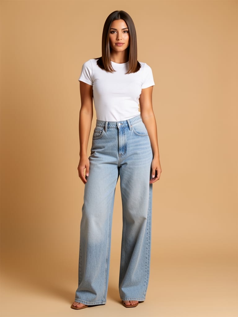 Calça wide leg jeans cintura alta