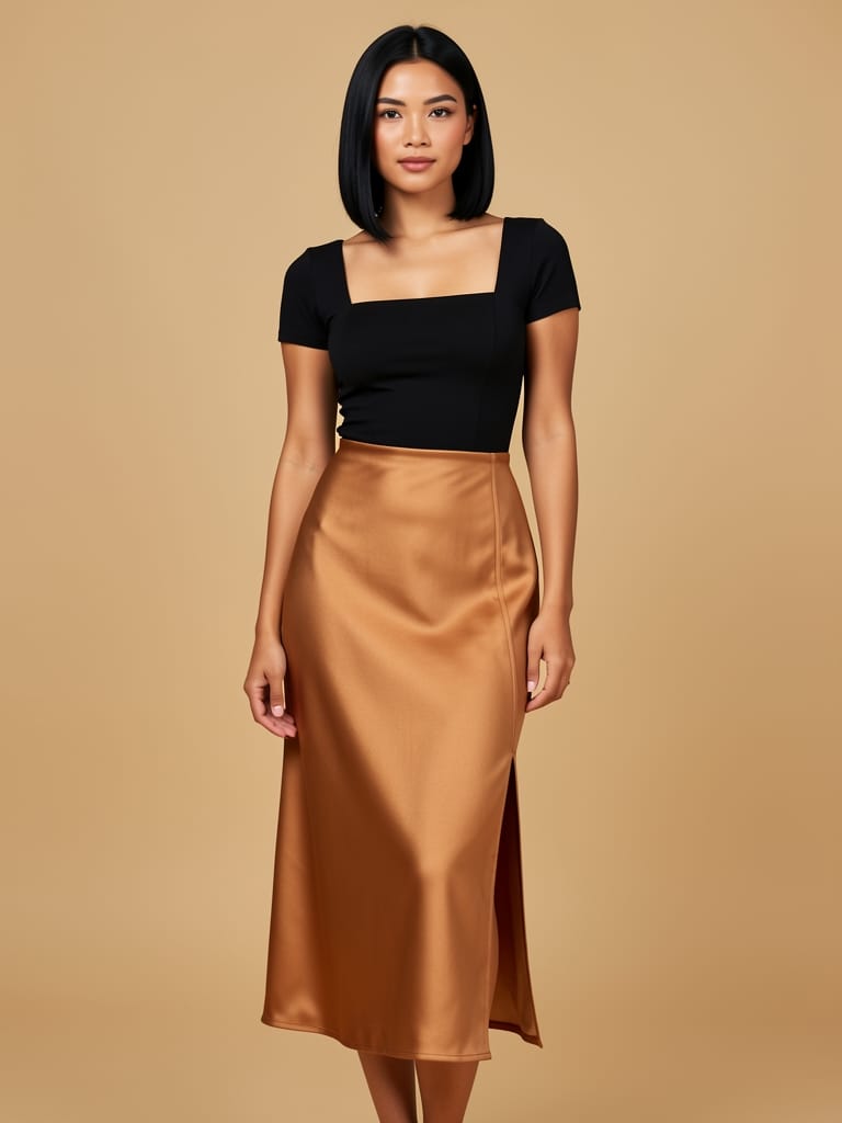 Saia midi acetinada com fenda